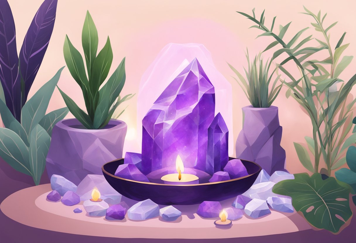 Amethyst crystal incorporated into a meditation space, surrounded by candles and plants, emanating a sense of tranquility and spiritual connection