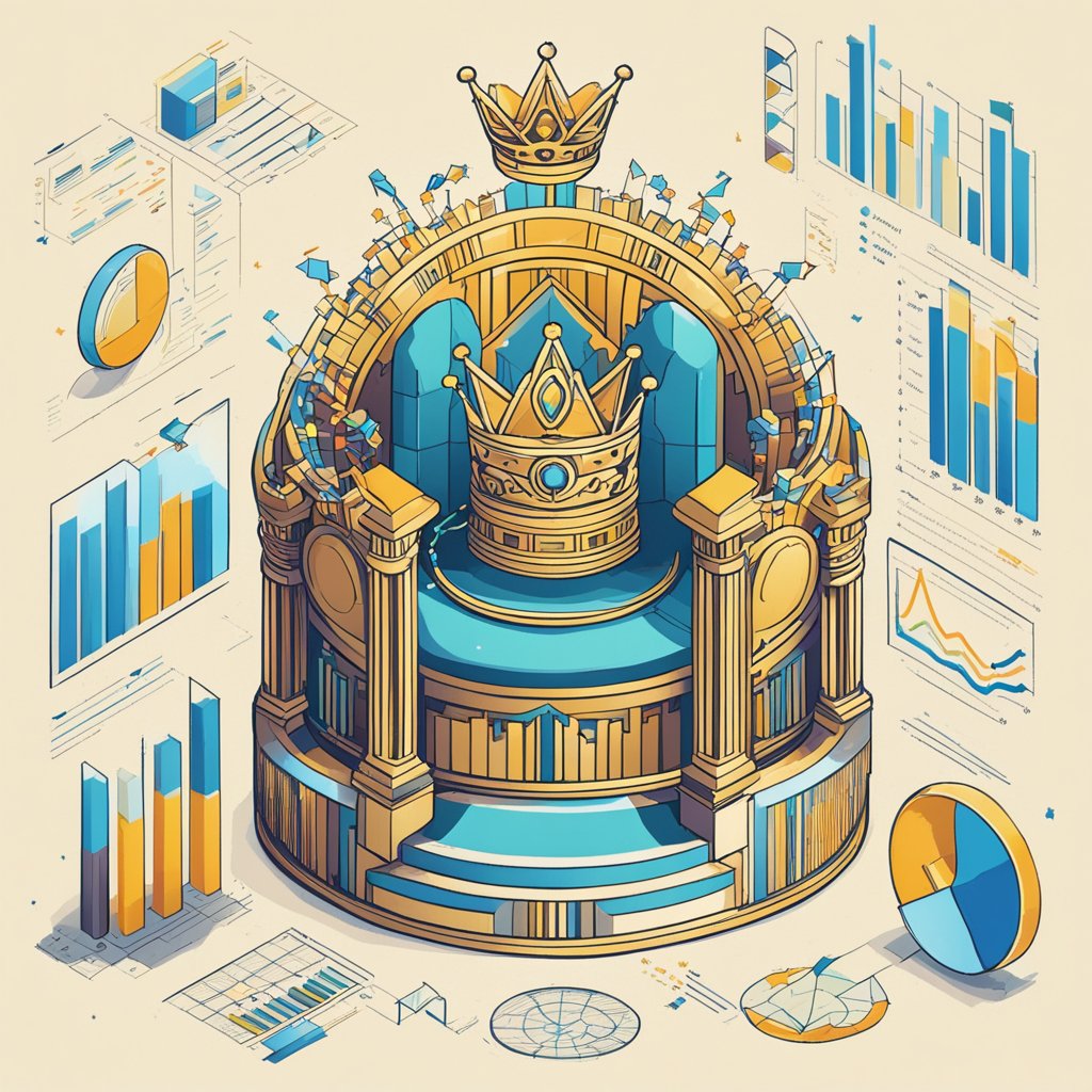 A regal crown atop a throne of data, surrounded by charts and graphs, symbolizing the power of information in guiding decision-making