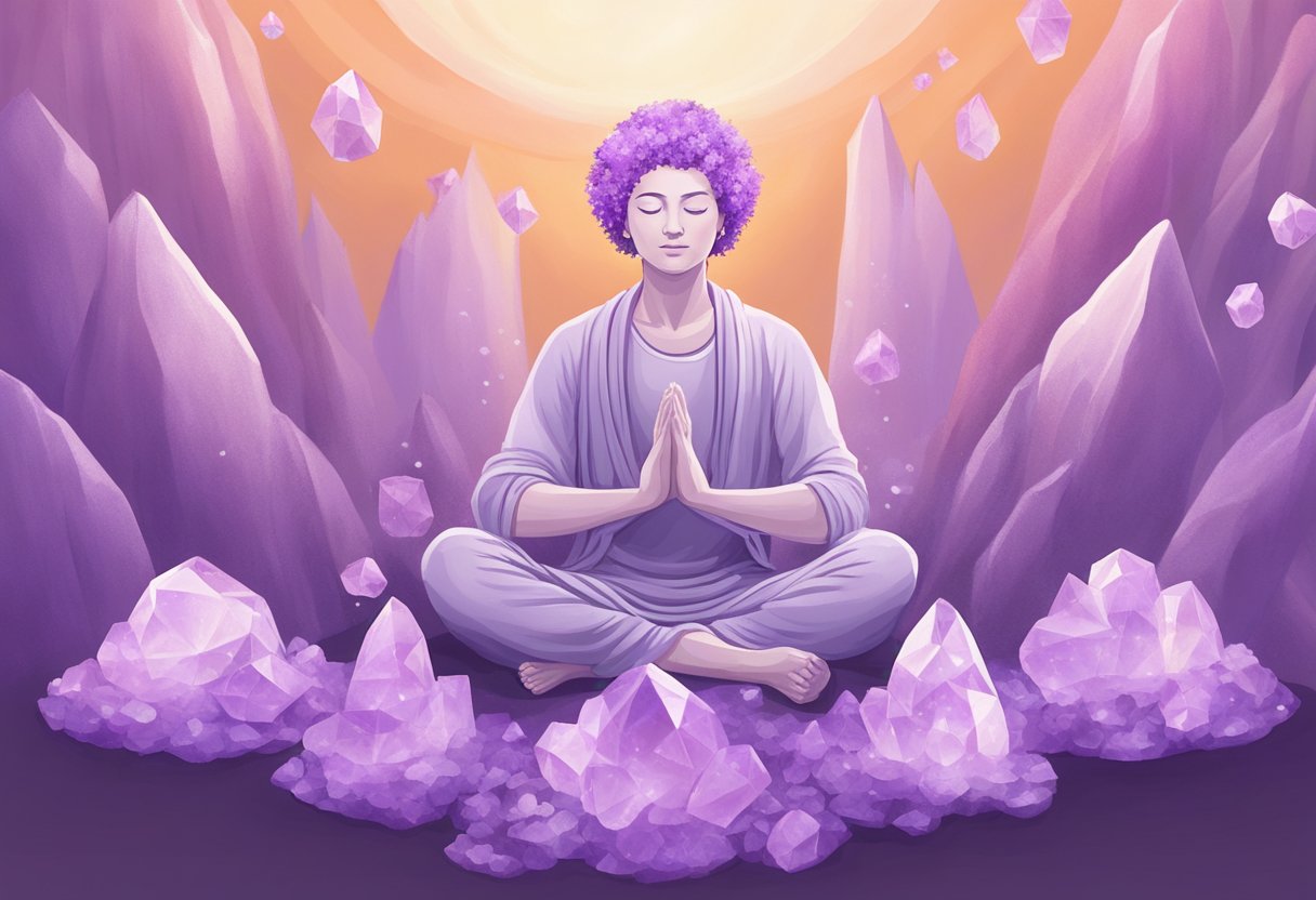 A serene person meditates surrounded by amethyst crystals, feeling calm and balanced