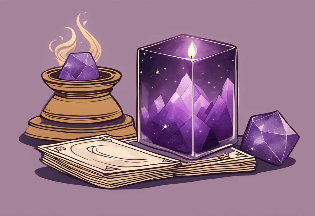 A serene amethyst crystal surrounded by burning incense and a stack of tarot cards