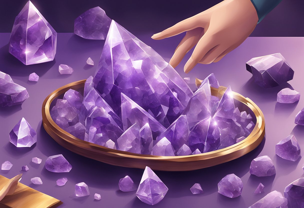 Amethyst crystals being polished and arranged in a display