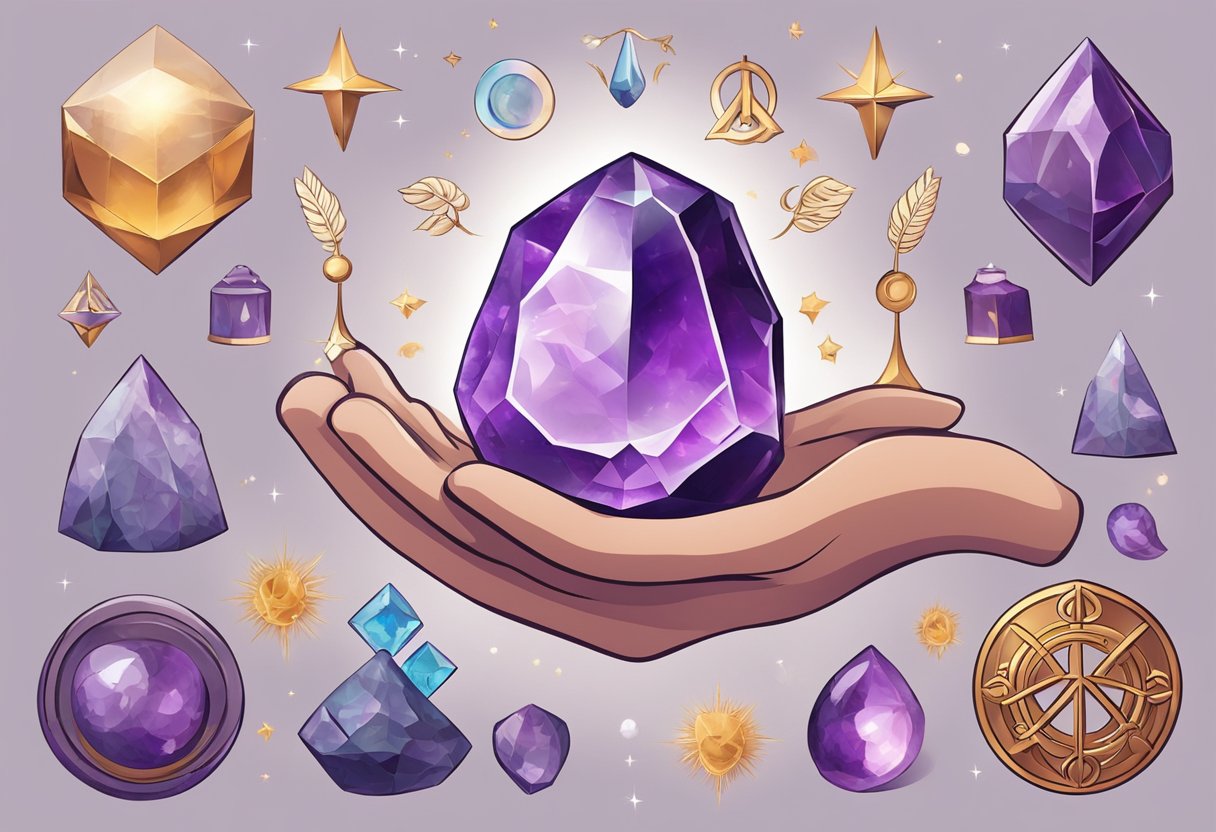 A hand holding an amethyst crystal, surrounded by symbols of peace, balance, and spirituality