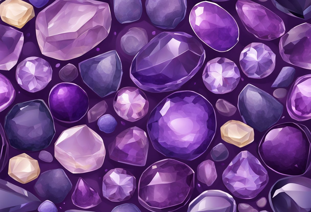 A collection of amethyst and related stones arranged in a circular pattern, with varying shades of purple and violet, reflecting light in a serene and mystical manner