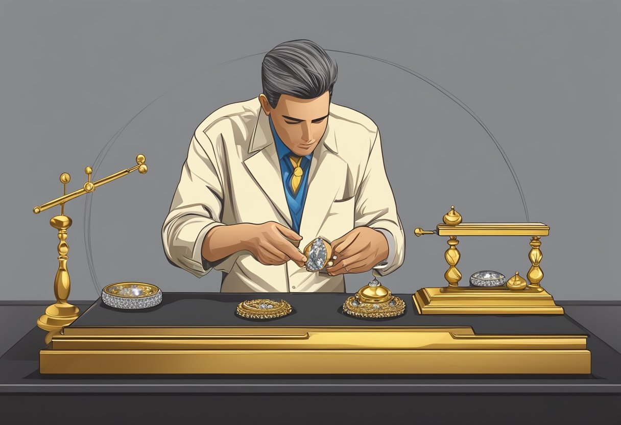 A jeweler carefully weighs a diamond carat and a gold karat on a precision scale