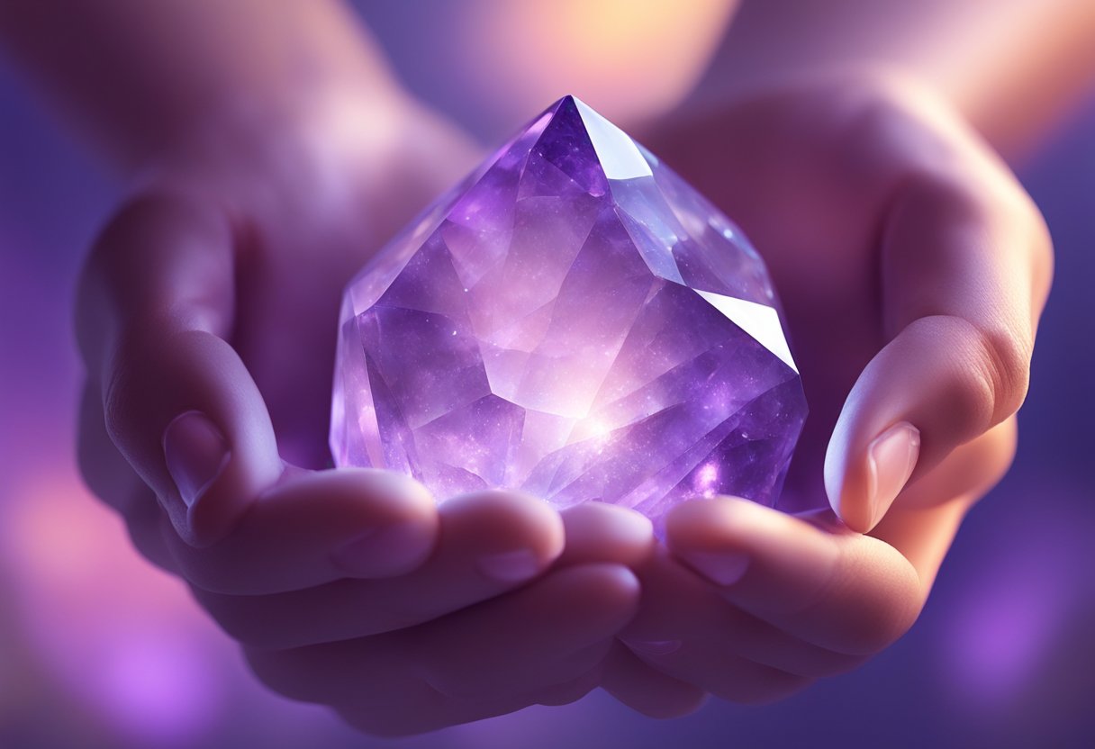 A hand holding an amethyst crystal, surrounded by soft purple light and a serene atmosphere