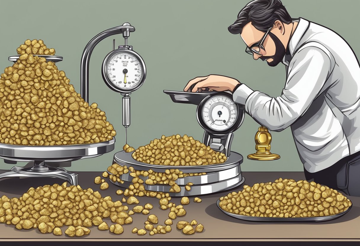 A jeweler weighing gold nuggets with a scale and measuring its purity with a karat meter