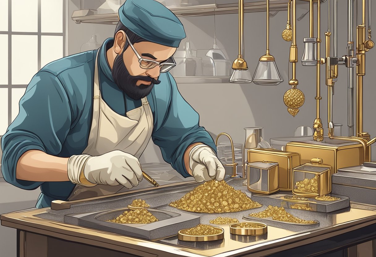 A jeweler carefully measures and mixes gold alloys, noting the carat and karat values while wearing protective gloves