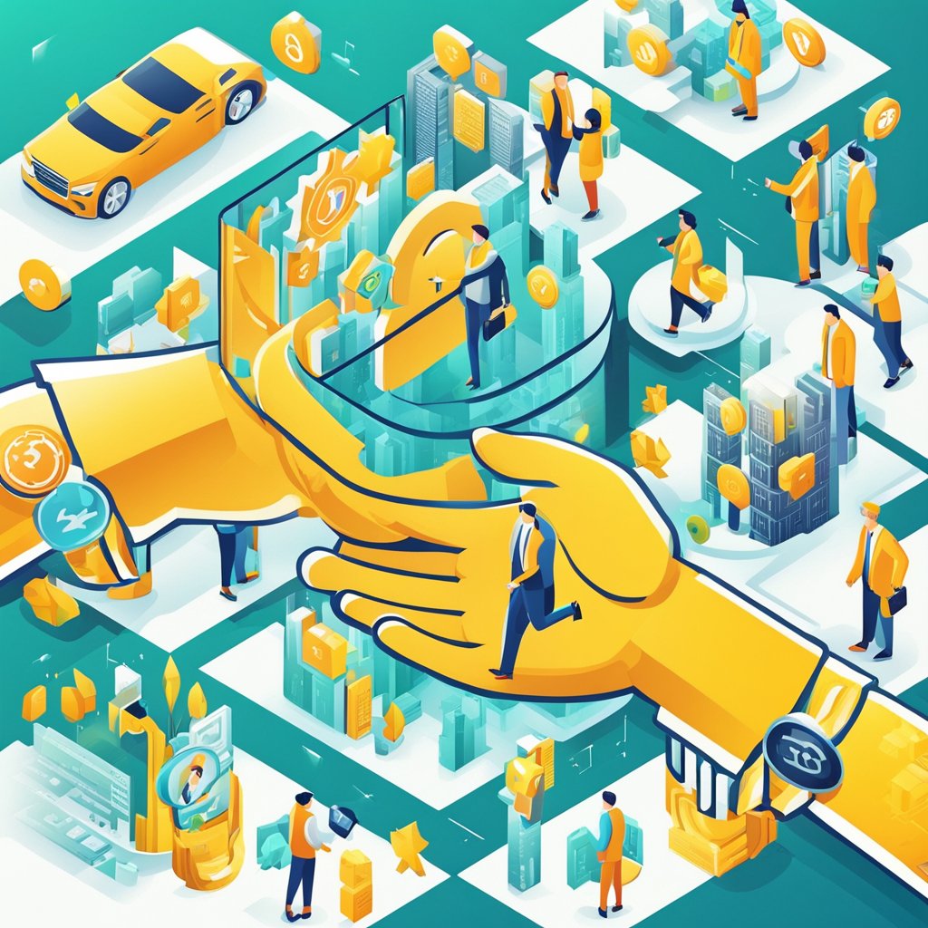 A handshake between a buyer and seller, surrounded by symbols of collaboration and growth