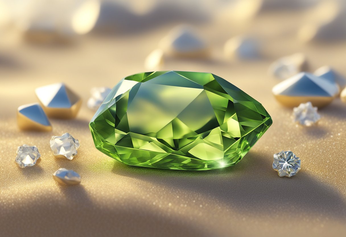 A radiant green peridot gemstone sits on a bed of shimmering golden sand, surrounded by delicate clusters of translucent crystals