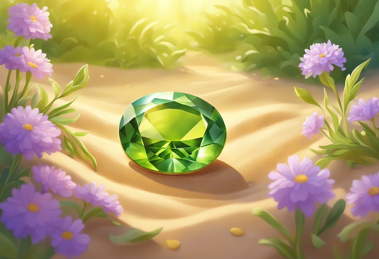 A lush green peridot gem rests on a bed of golden sand, surrounded by vibrant blooming flowers and illuminated by warm sunlight