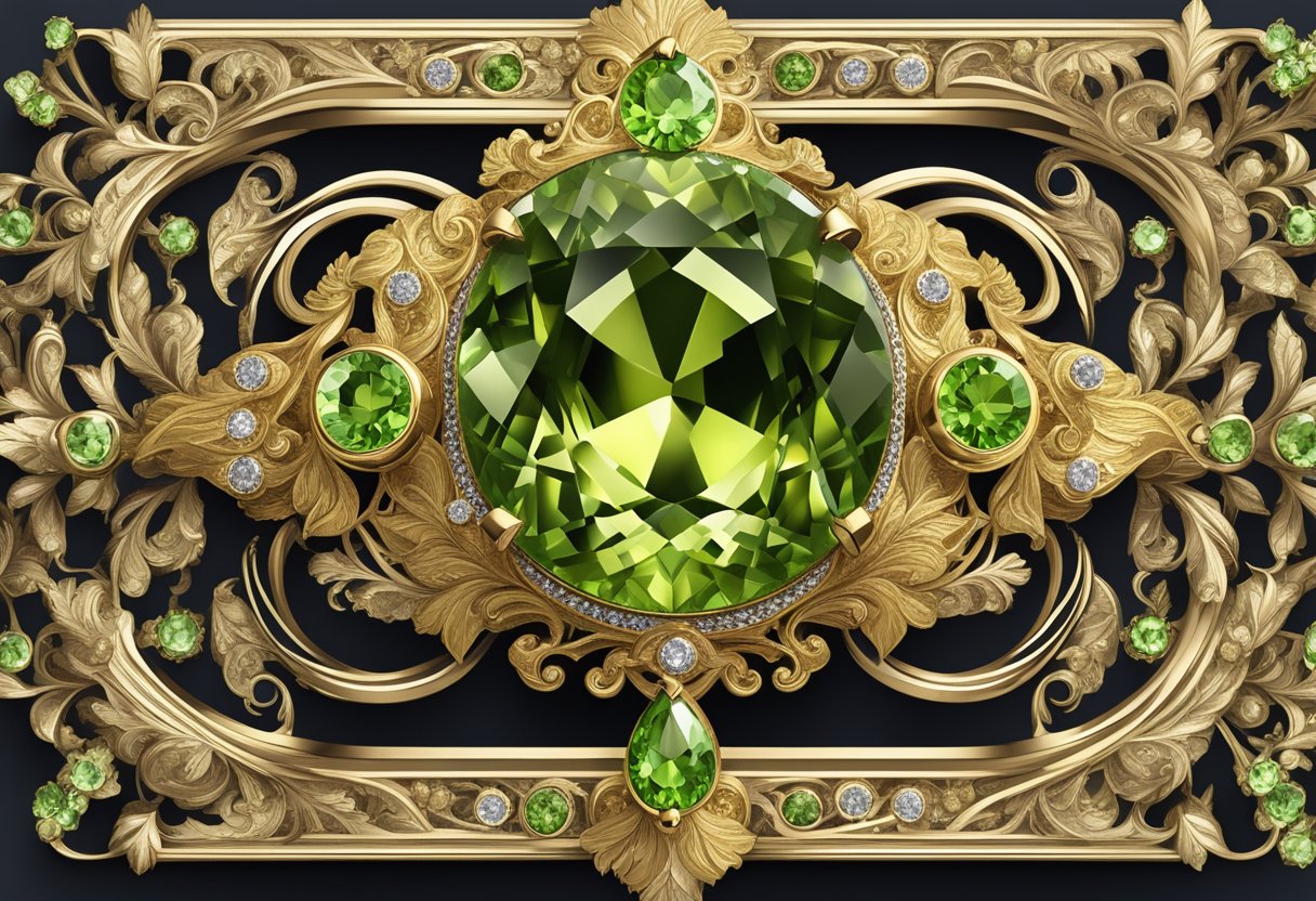 A sparkling peridot gemstone set in an ornate gold ring, surrounded by intricate filigree and delicate floral motifs