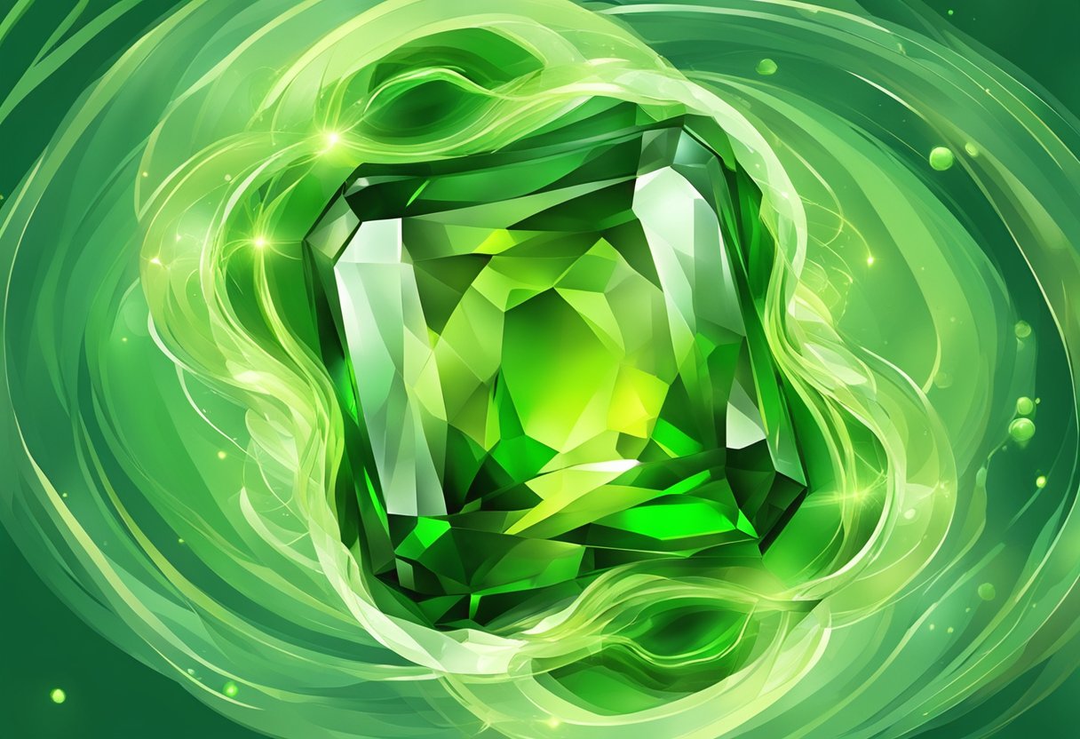 Vibrant green peridot gem surrounded by swirling energy waves