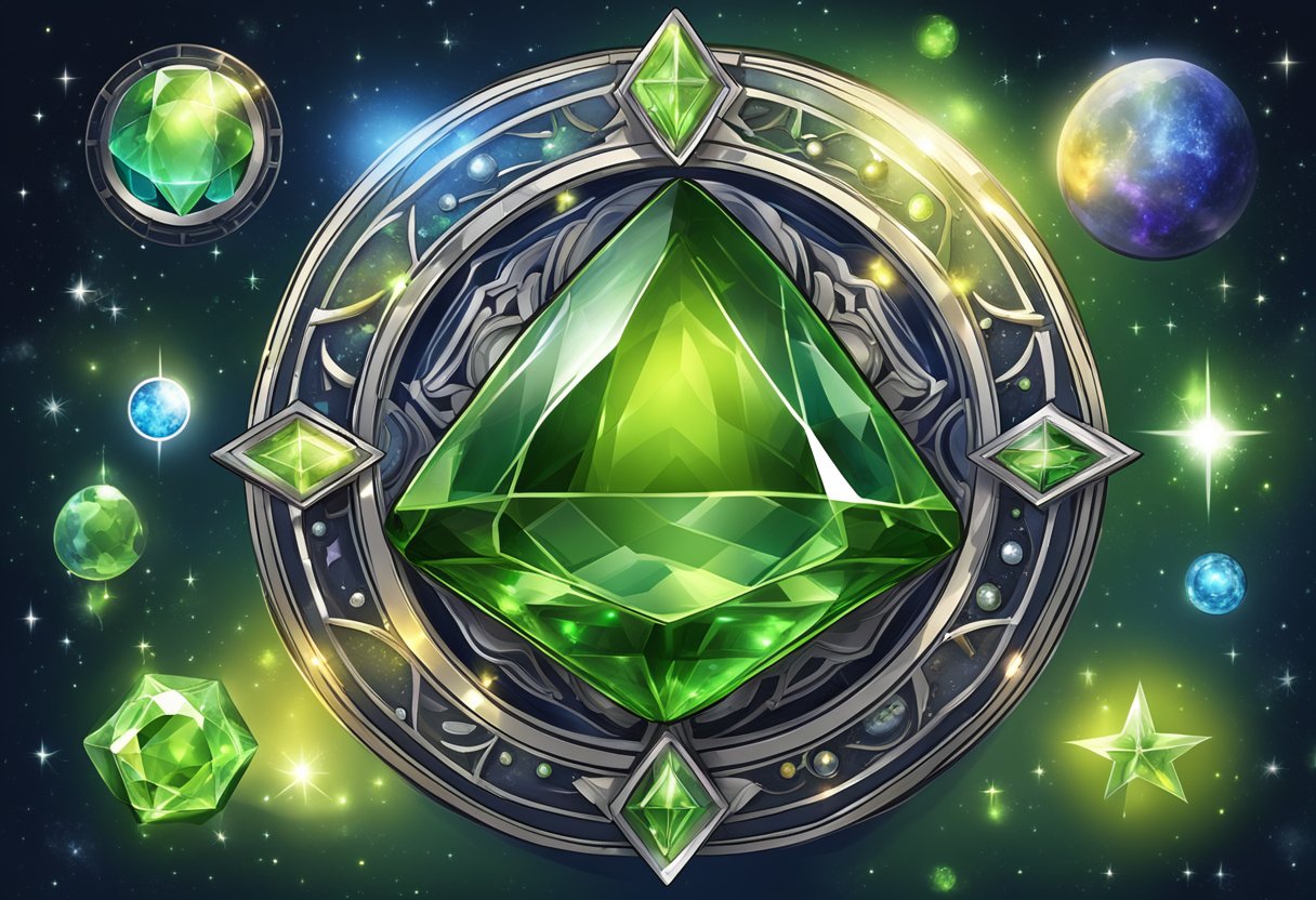 A glowing peridot gemstone surrounded by celestial symbols and stars