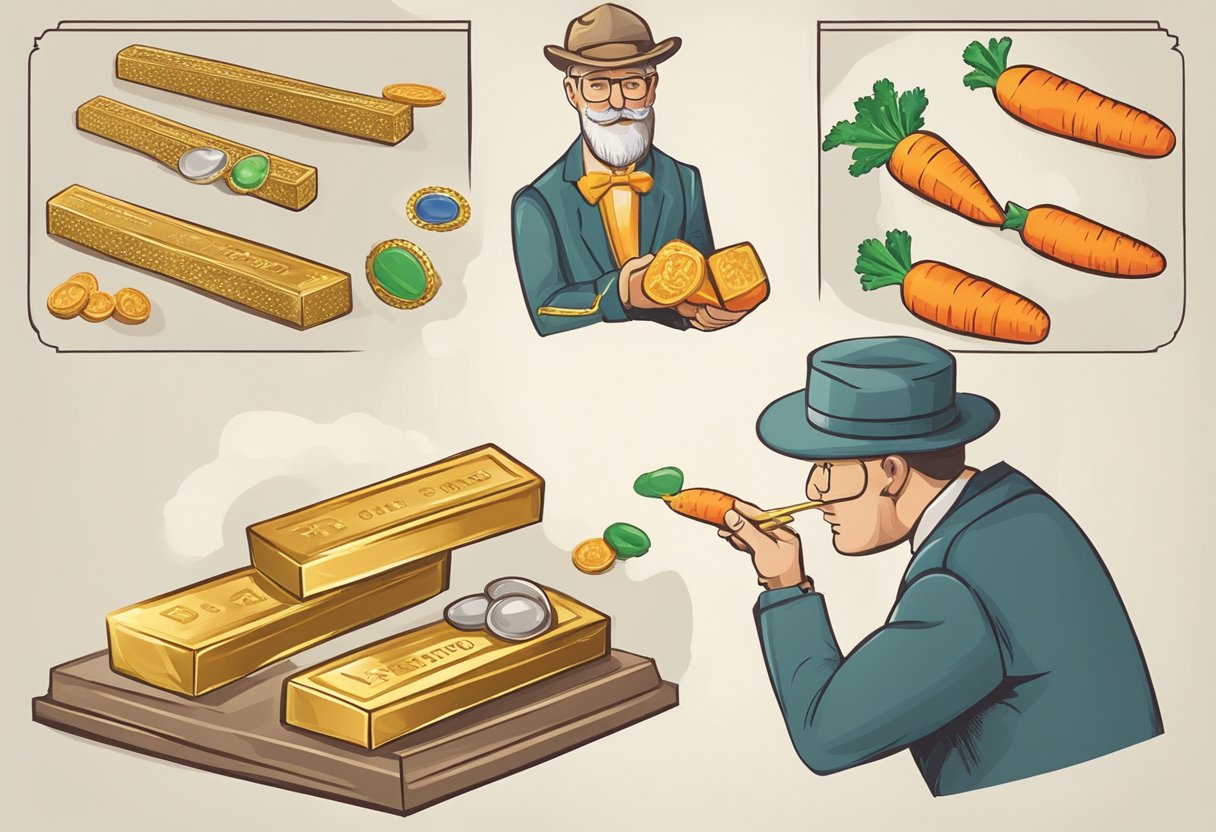 A jeweler comparing a carrot and a gold bar, with a question mark above their head