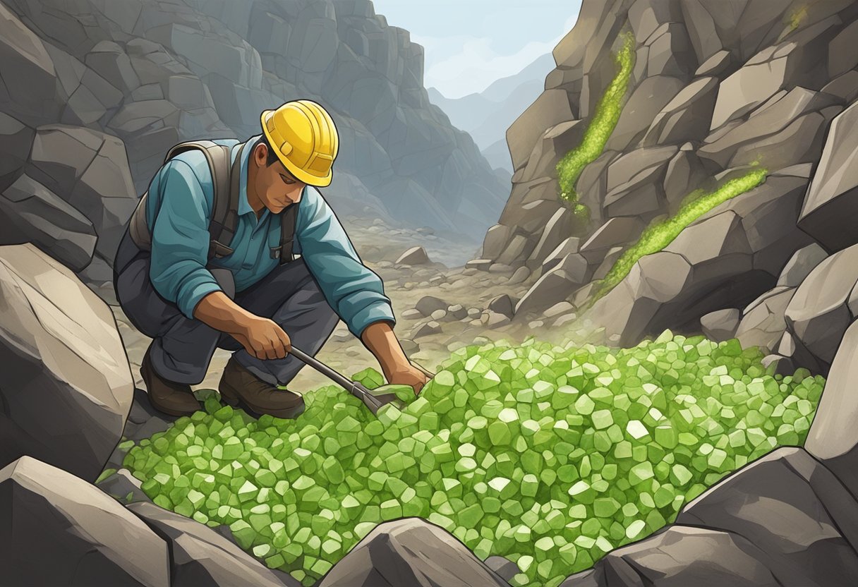 A miner extracting peridot from a rocky formation in a remote global location