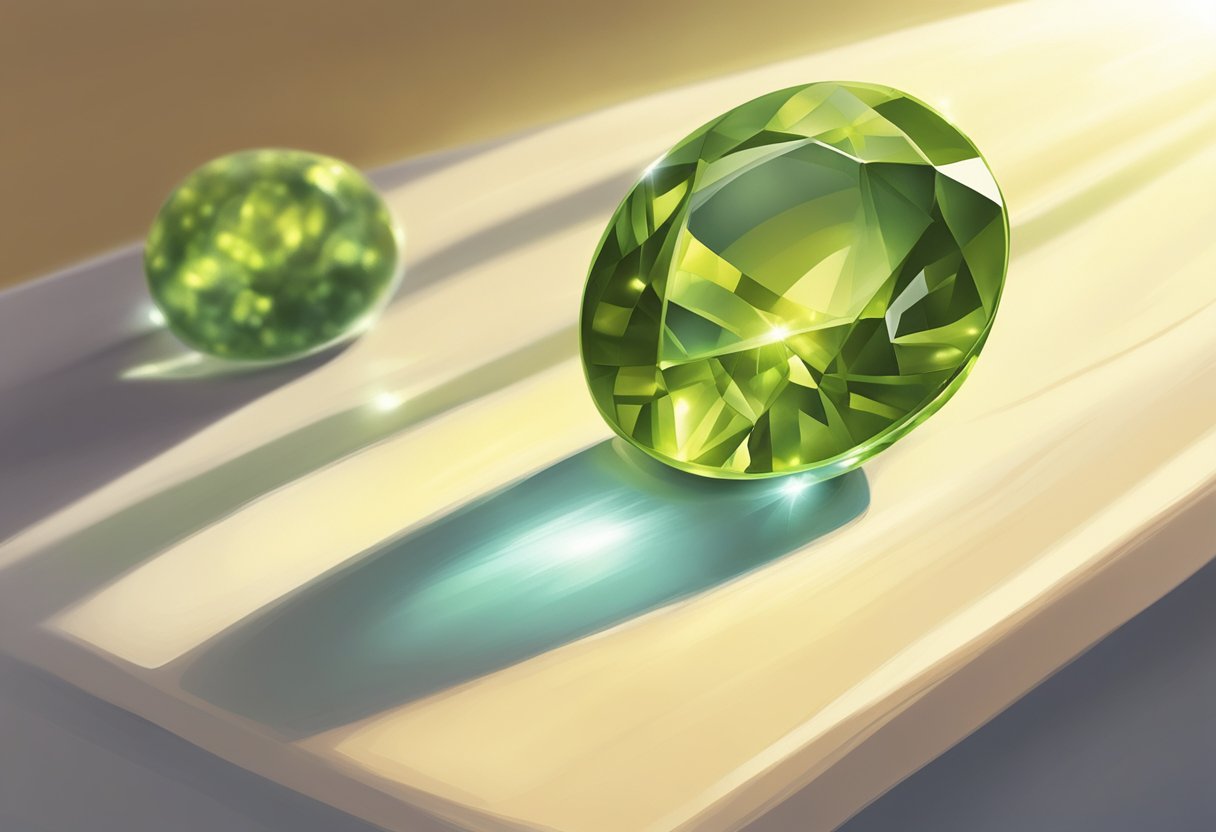 A peridot gemstone being gently polished with a soft cloth, bathed in warm sunlight