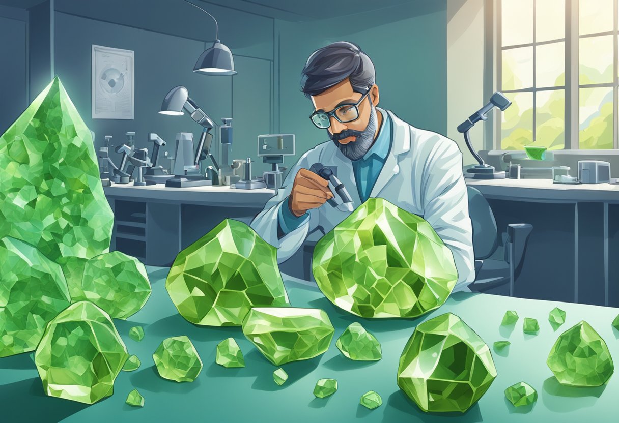 A scientist examining peridot crystals under a microscope in a laboratory