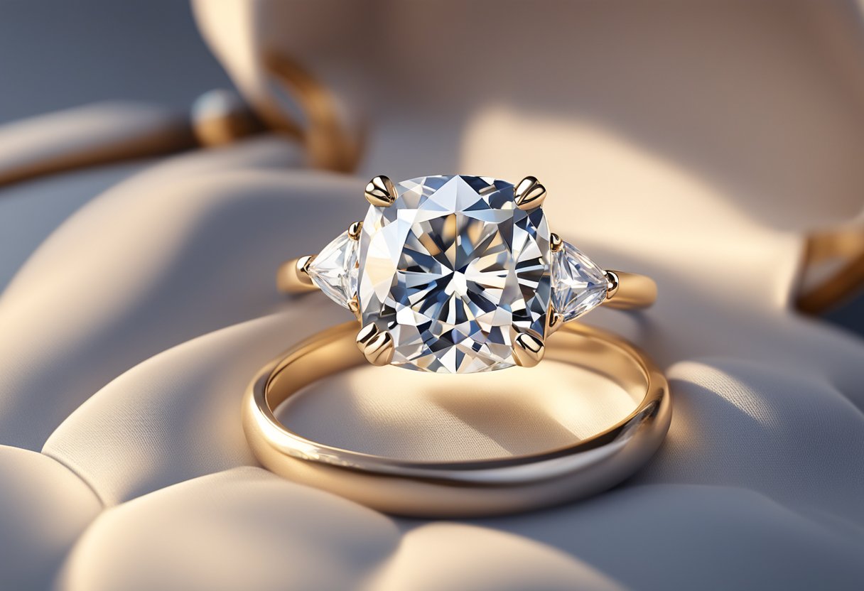 A sparkling diamond engagement ring sits on a velvet cushion, catching the light with its elegant design