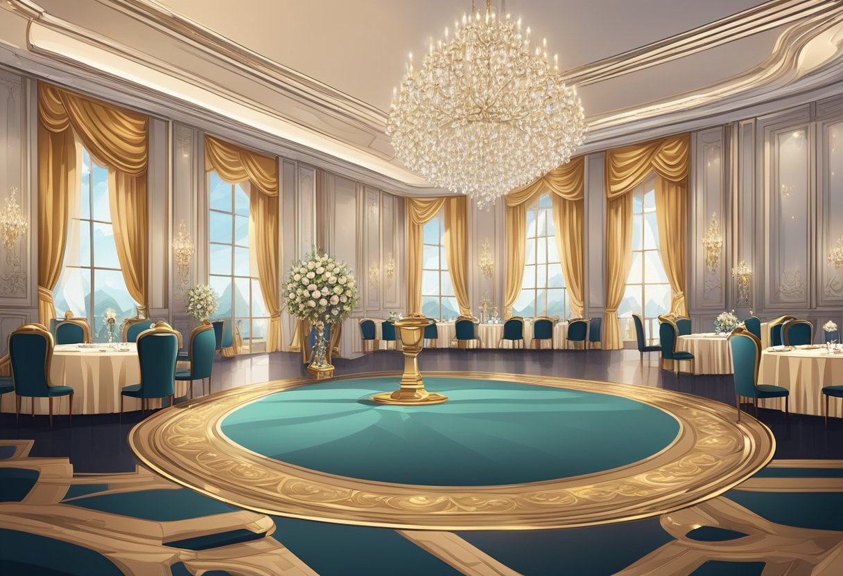 A luxurious ballroom with elegant decor, where a dazzling diamond ring is presented to a well-dressed woman