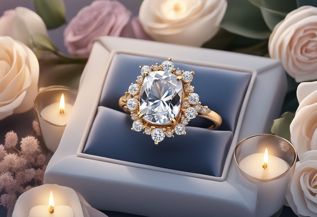 A luxurious diamond ring rests on a velvet cushion, surrounded by soft candlelight and elegant floral arrangements