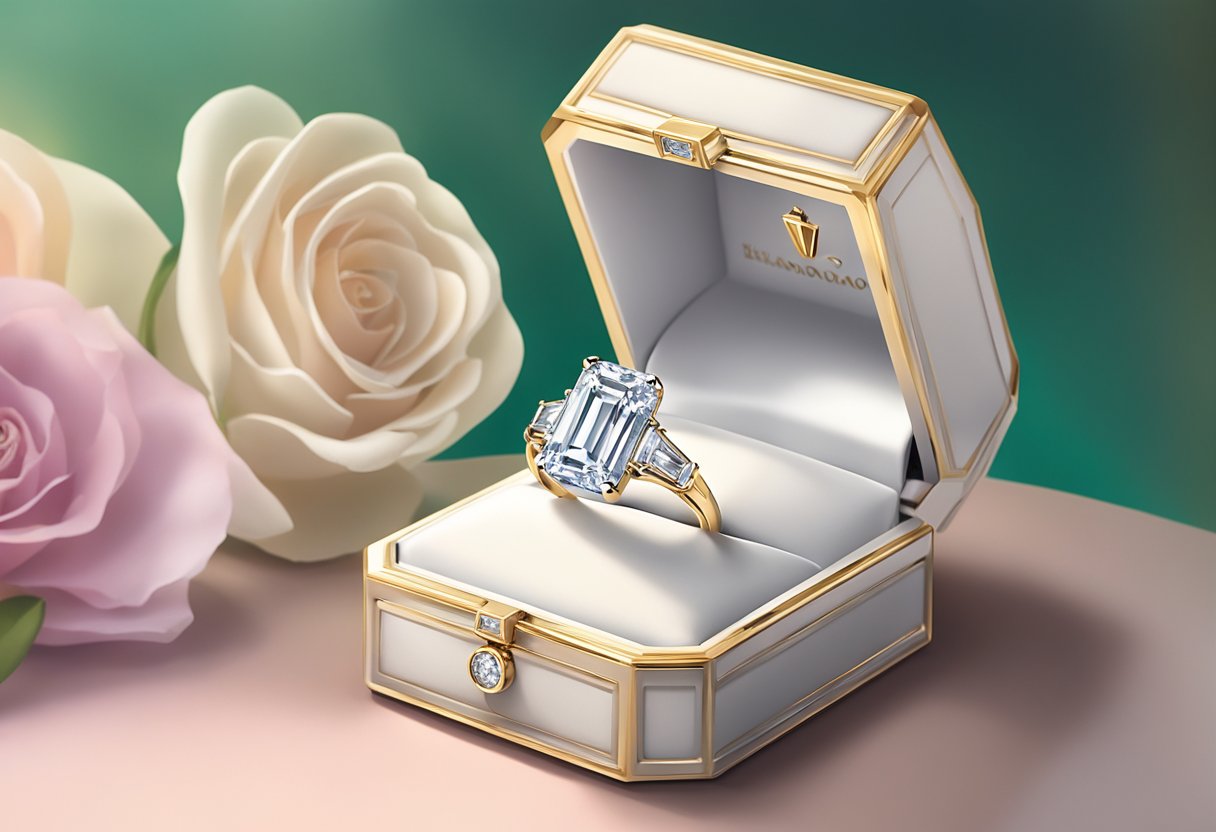 A velvet box holds a dazzling emerald-cut diamond ring, flanked by two baguette diamonds, set against a backdrop of soft, romantic lighting