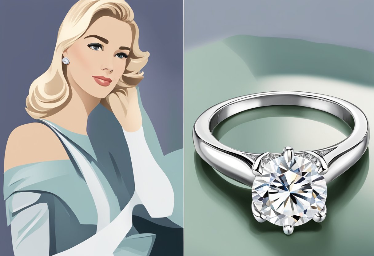 A contemporary ring sits beside Grace Kelly's engagement ring, highlighting their differences in design and style