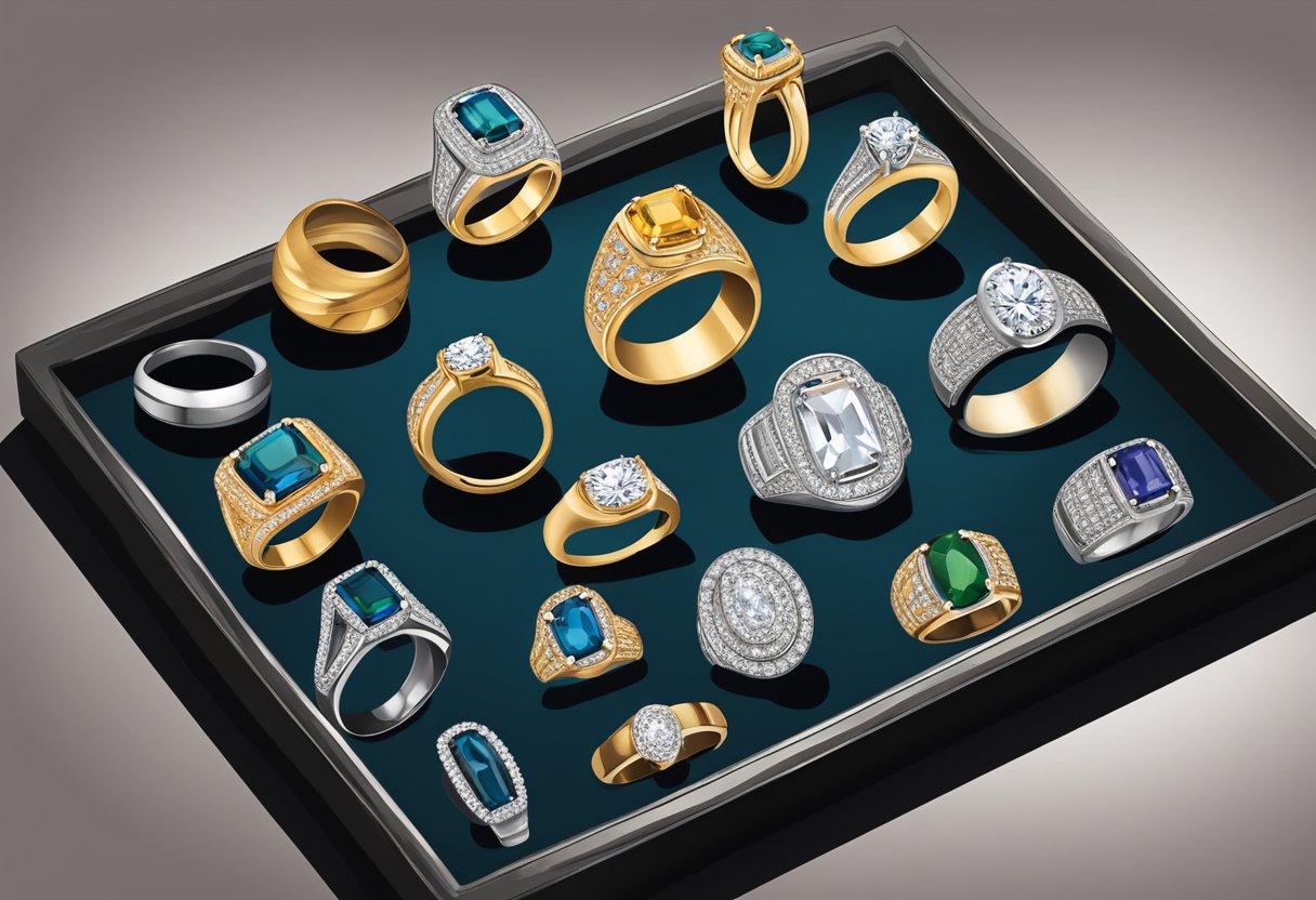 A collection of men's rings in various sizes displayed on a velvet-lined tray