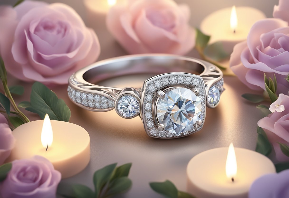 A sparkling diamond ring on a velvet cushion, surrounded by soft candlelight and delicate flowers