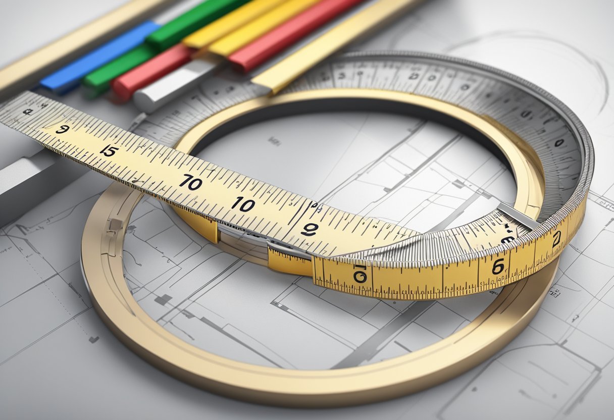 A ruler measuring the diameter of a ring with various sizes marked on a table