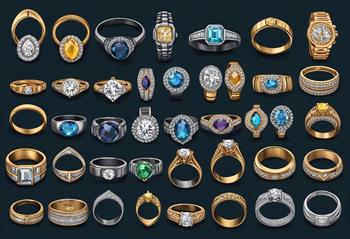 A collection of various-sized men's rings arranged in a row on a dark velvet display pad