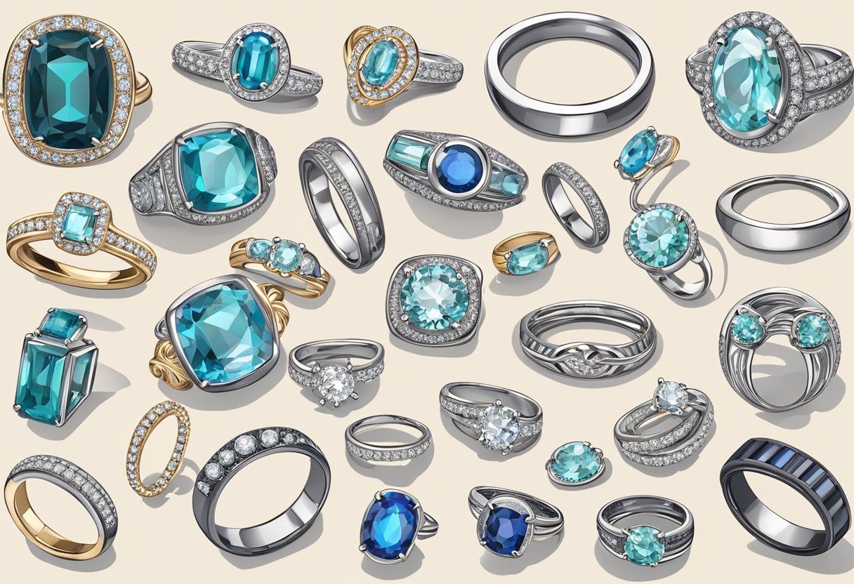 A collection of various types of rings arranged by size, including wedding bands and gemstone rings