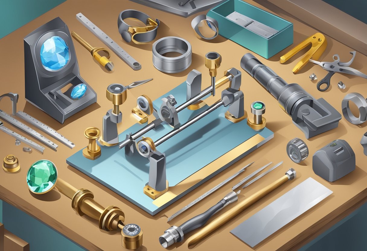 A jeweler measuring a ring on a mandrel, surrounded by various tools and equipment for resizing and maintenance