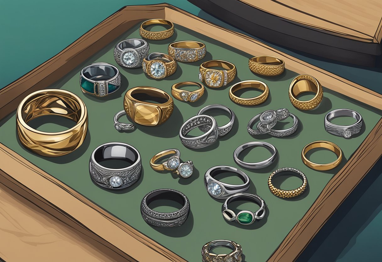 A collection of various sizes of men's rings displayed on a velvet-lined tray