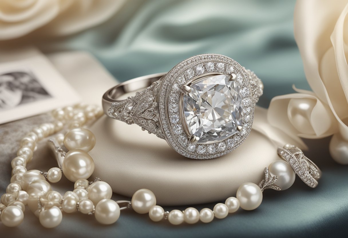 A sparkling diamond ring rests on a velvet cushion, surrounded by vintage photographs and elegant pearls