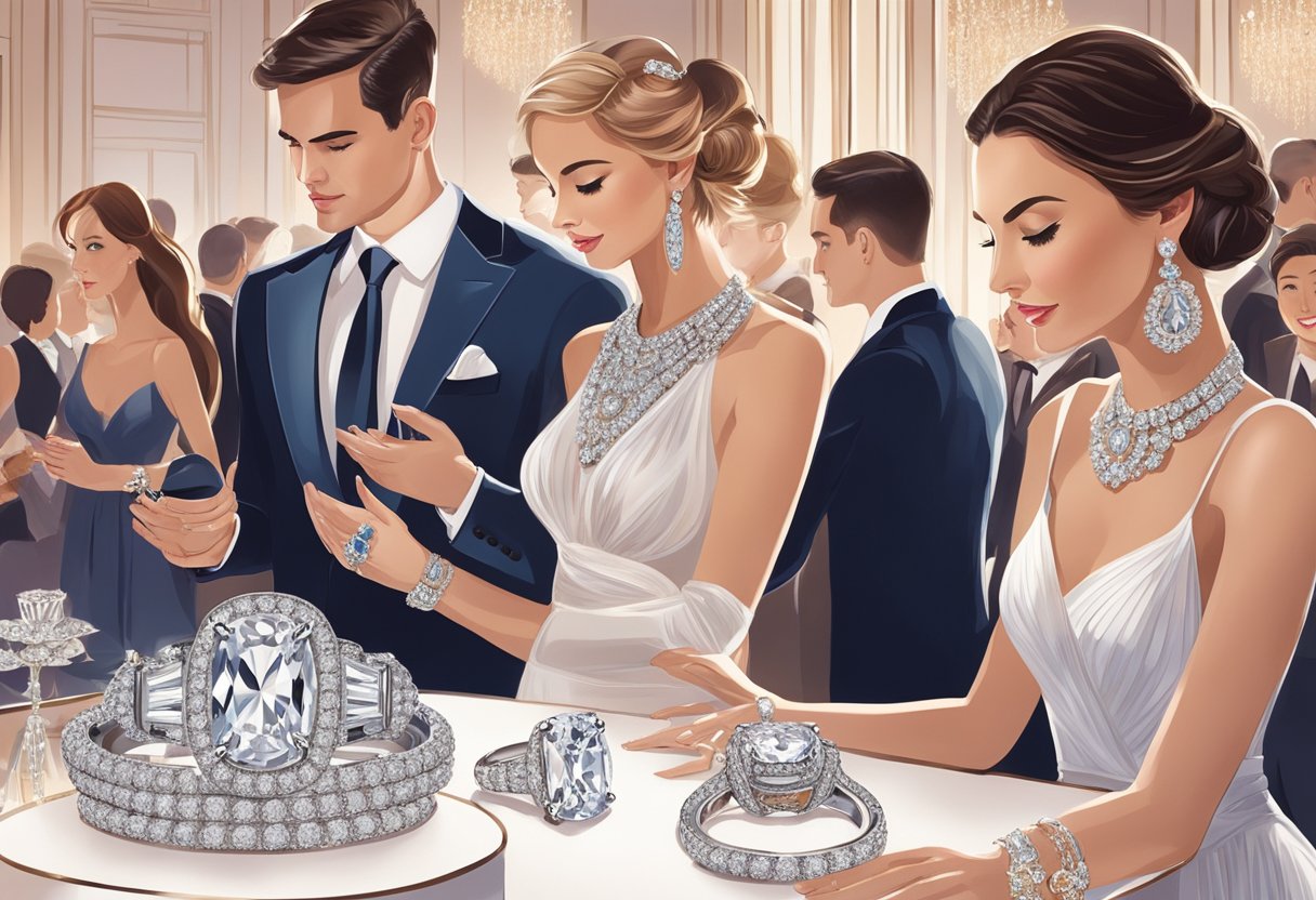 A glamorous evening event with elegant attendees admiring a stunning diamond engagement ring, surrounded by Cartier's iconic jewelry pieces