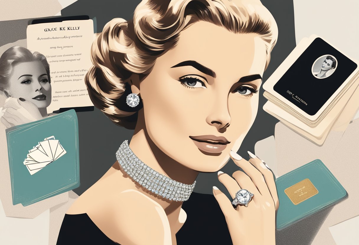 A sparkling engagement ring surrounded by a stack of FAQ cards and a vintage photograph of Grace Kelly