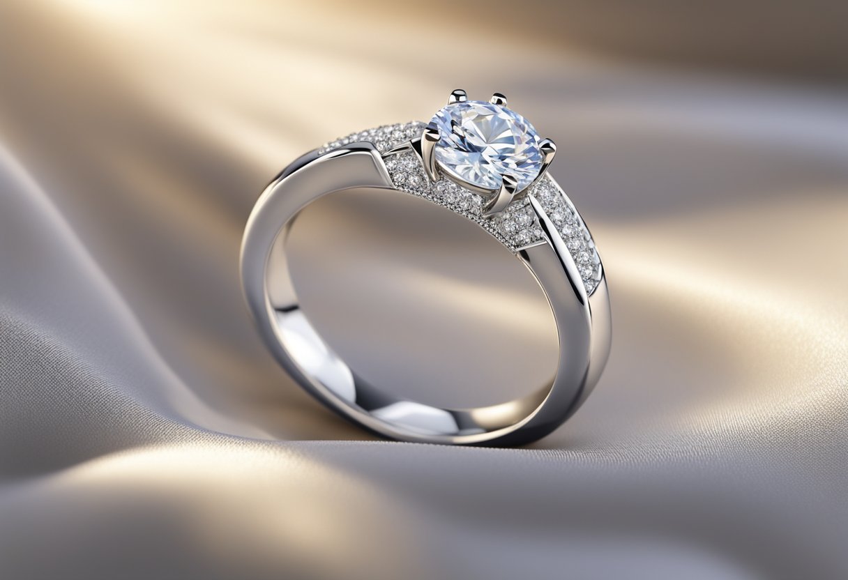 A shimmering platinum wedding band rests on a velvet cushion, catching the light with its cool silver sheen