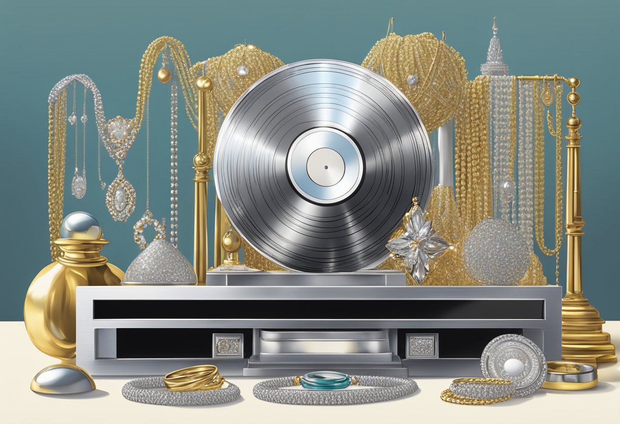 A platinum record gleams on a shelf, surrounded by glittering jewelry and metallic accents