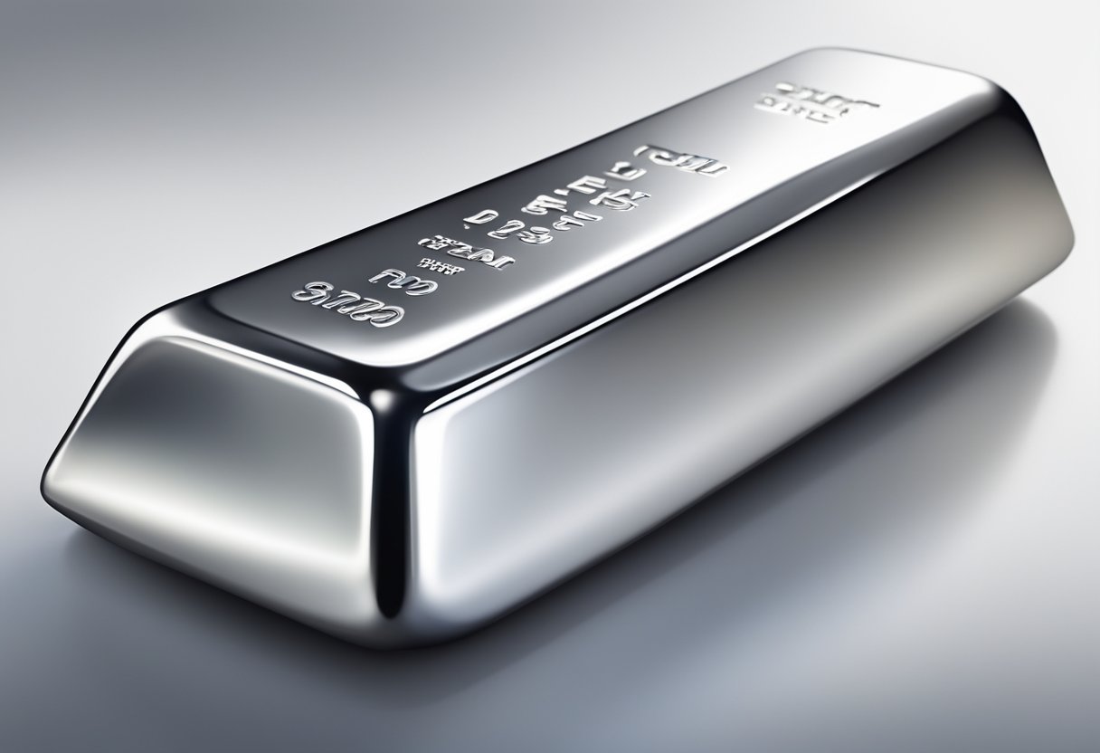 A shiny, metallic gray platinum ingot gleaming under bright white light