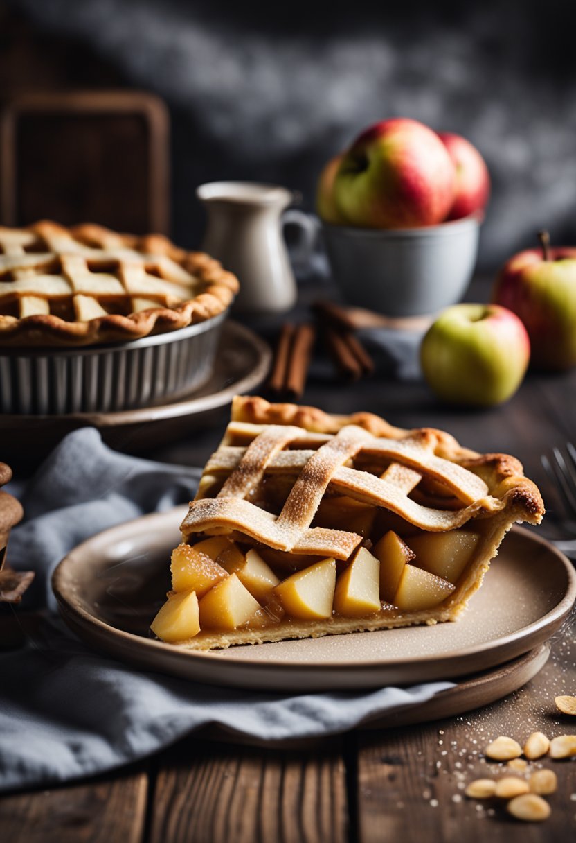 A keto apple pie cooling on a rustic wooden table, with a lattice crust and a sprinkle of cinnamon on top