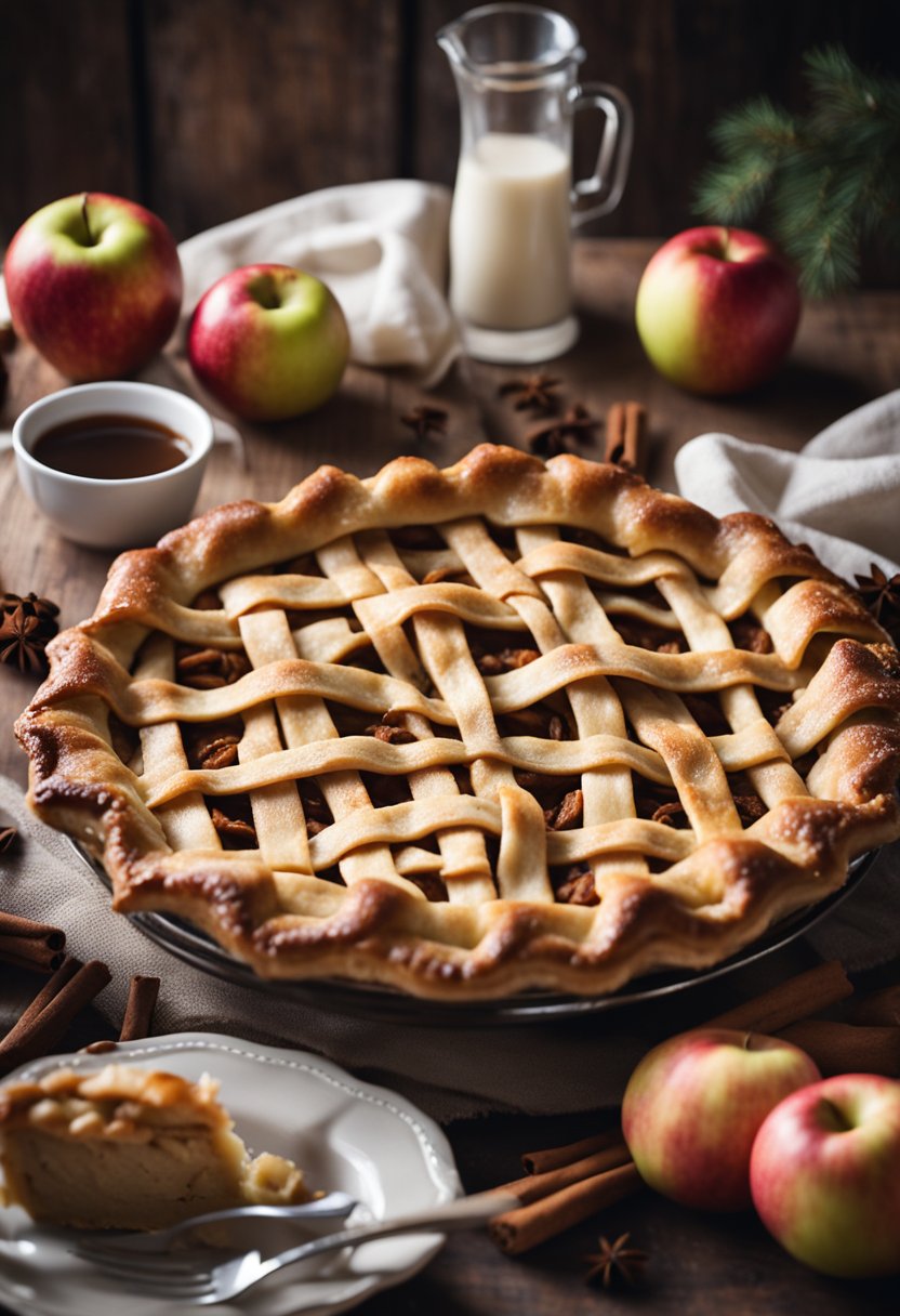 A rustic kitchen table with a freshly baked keto apple pie, surrounded by cinnamon sticks, apples, and a rolling pin