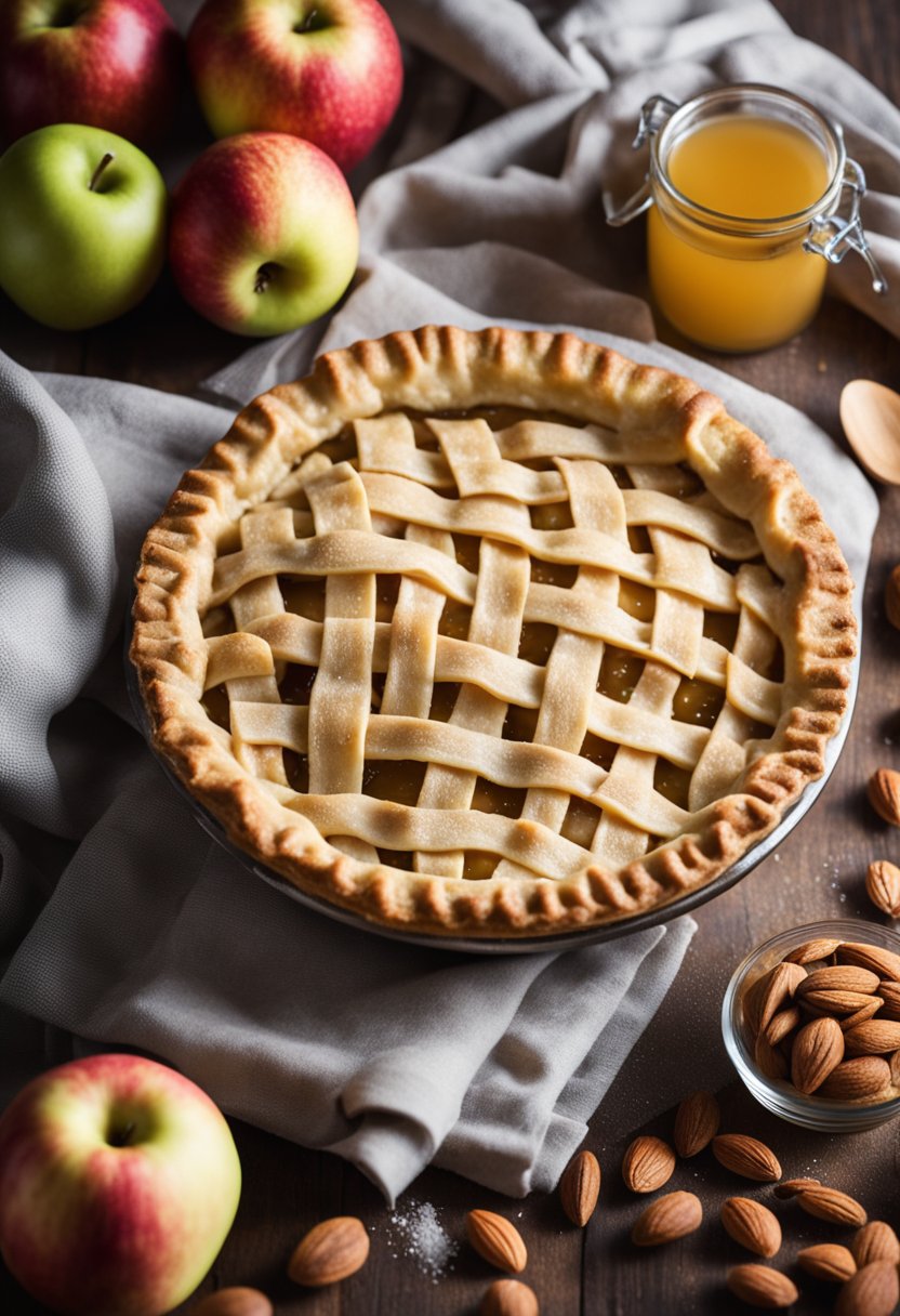 A kitchen counter with ingredients for keto apple pie and possible substitutions, such as almond flour and erythritol, arranged neatly