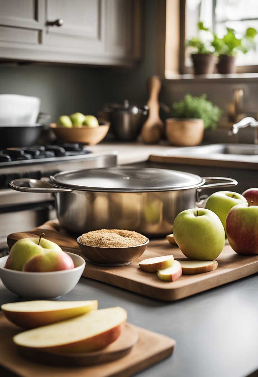 A rustic kitchen with a wooden table set for baking, featuring a rolling pin, mixing bowls, and a tray of sliced apples