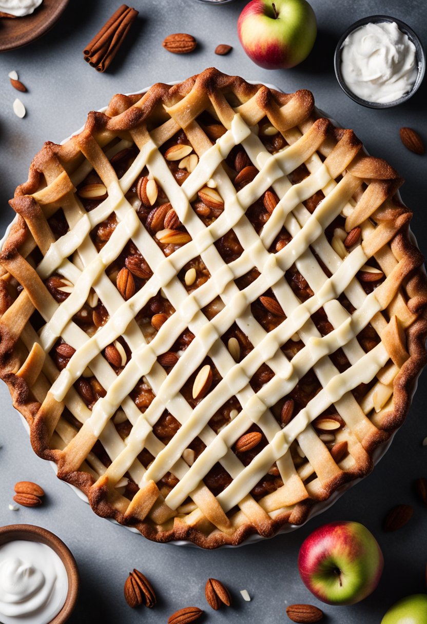 A keto apple pie topped with sliced almonds and a dollop of whipped coconut cream, surrounded by fresh cinnamon sticks and whole apples