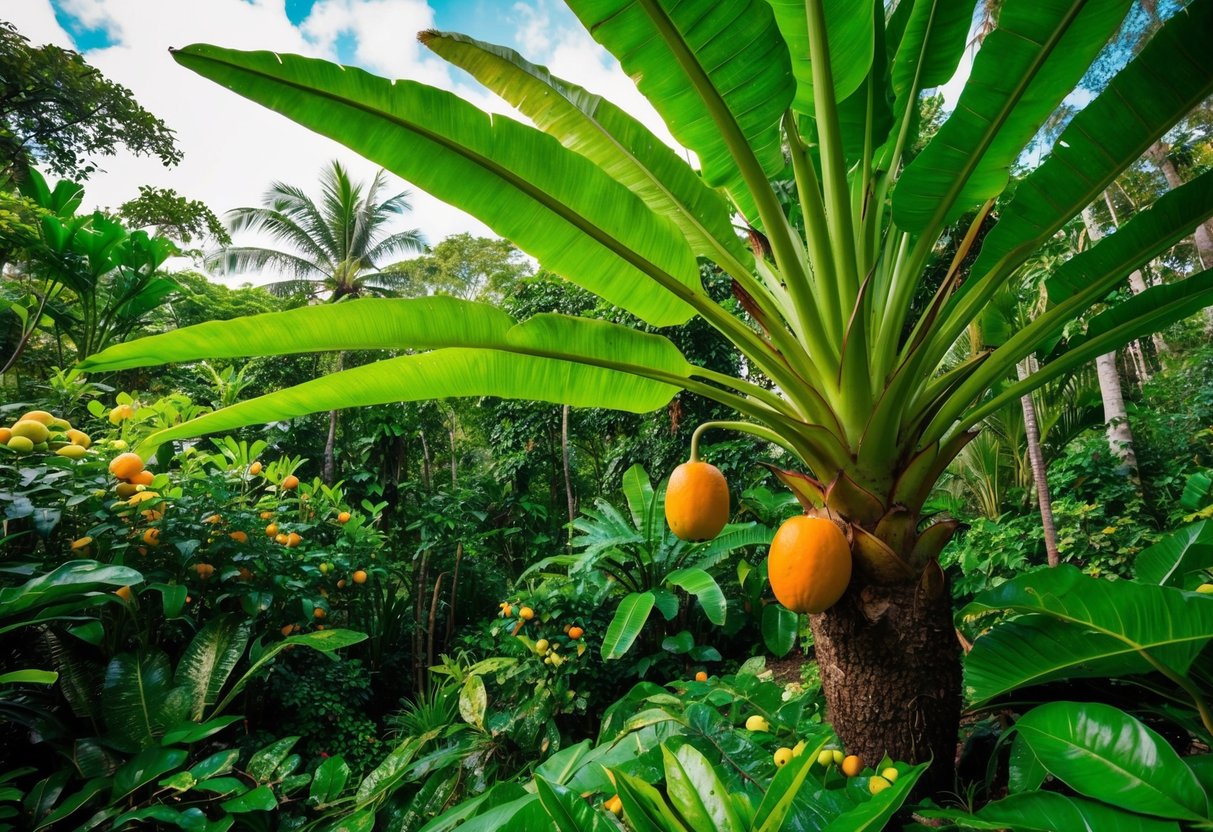 A tropical rainforest with lush green foliage and a variety of exotic fruits and nuts, including the batana palm, with its distinctive orange fruit and large, vibrant green leaves