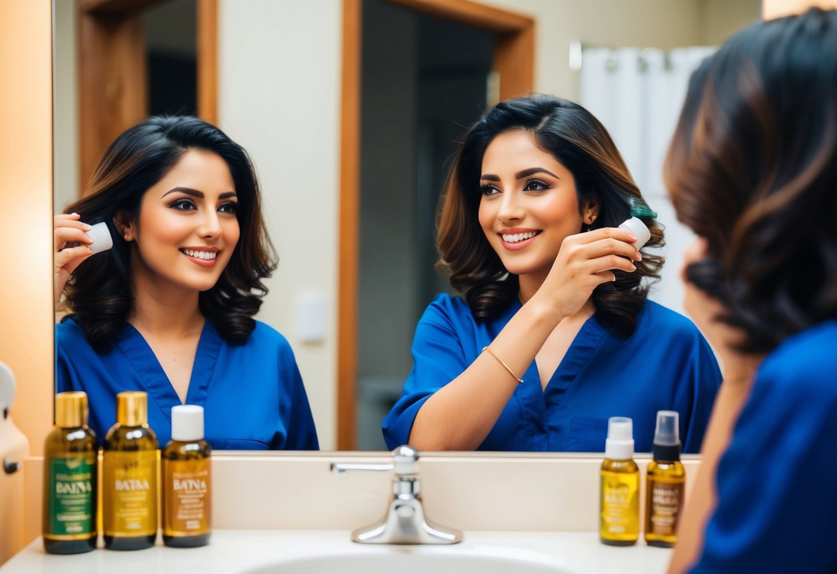 A woman applies batana oil to her hair, smiling at her reflection in the mirror as her hair becomes shiny and healthy