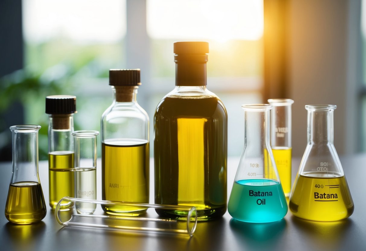 A table with various oils in glass bottles, including batana oil, surrounded by test tubes and beakers for comparative analysis