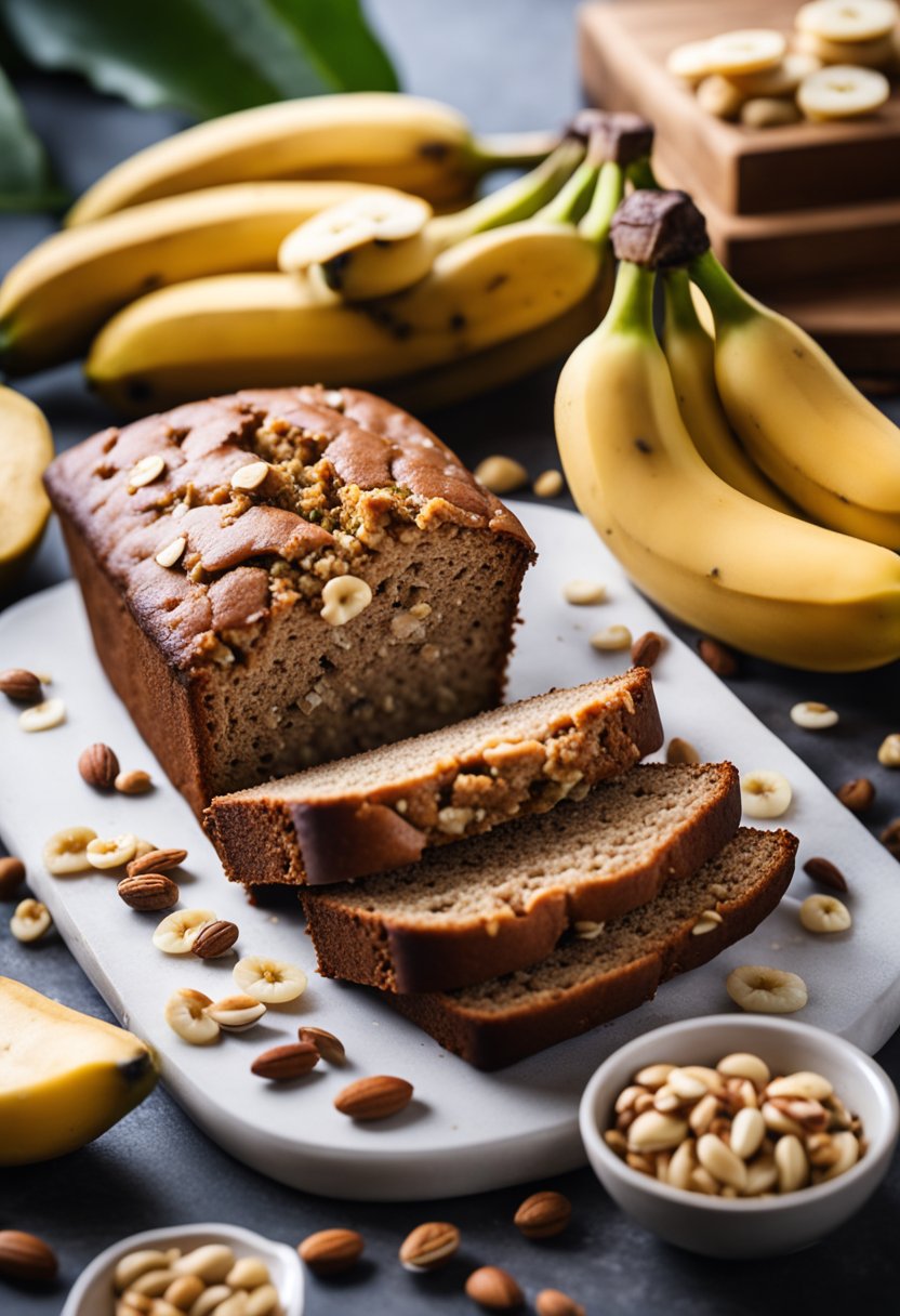 A loaf of keto banana bread surrounded by fresh bananas and a scattering of nuts and seeds