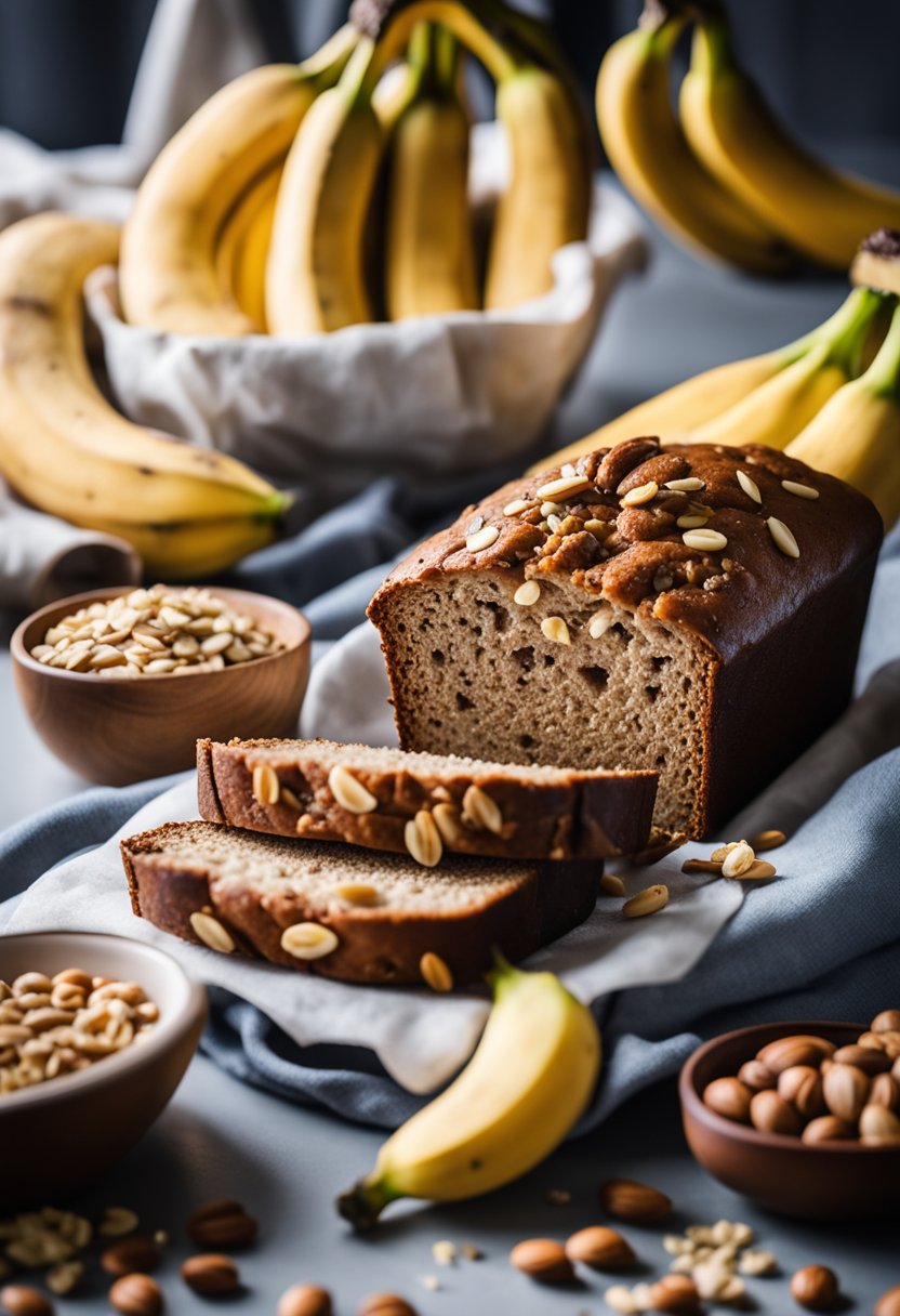 A loaf of keto banana bread surrounded by fresh bananas and a scattering of nuts and seeds