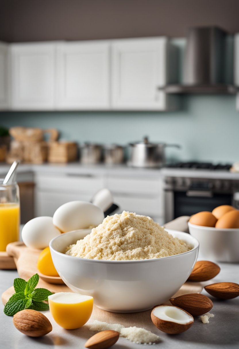 A kitchen counter with a mixing bowl filled with almond flour, eggs, mashed bananas, and a variety of keto-friendly ingredients